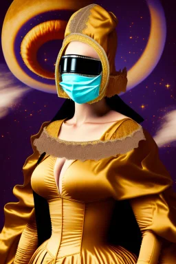 Planet Venus portrayed as a masked woman wearing medieval robes, her mask is smooth and beautiful, her sihlouette is engulfed in sulfuric vapor and translucid fire