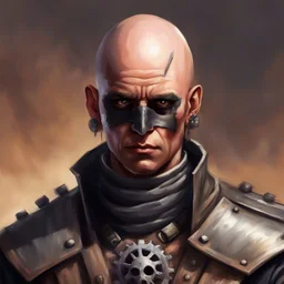 dnd, portrait of charismatic madmax chief, almost bald, psycho