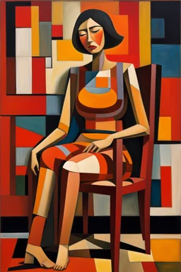 painting of a tired woman sitting on a chair, cubist vibe, sleeveless, oilpaint, variations around female, scarlet and orange blast color dynamics, 1970s philippines, family portrait,centre composition, viet aspect