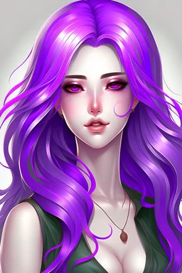 beautiful woman with green eyes and long purple hair anime realistic