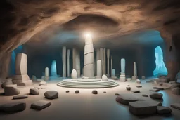 A huge stone monument is placed in the center of the cave room, many stone monuments of various shapes are placed around the monument, many doors are floating in the room, transparent various colored tubes are floating