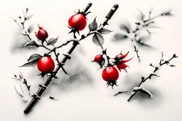 delicate Japanese Sumi-e, rose hips in the snow, pure, simple, Zen, perfect balance, white, black and red Modifiers: elegant beautiful award winning crisp quality pen and ink Delicate