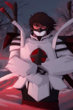 The character, in a striking white armour against a wintry backdrop stands with his arms behind his back inside the scene, he has a red and black circular symbol on his chest like a shield, a black pointed spear with a red handle on his back, His eyes are showing a dynamic expression and he wears a black oni with white sharp teeth on it covering the bottom part of his mouth he has brown shoulder pads and a white belt with a bag attached to it. He has dark brown hair, he does not wear a helmet.