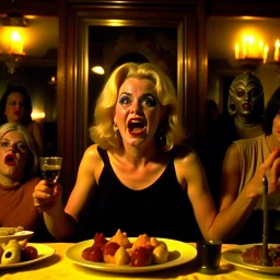 Movie shot, spooky, ultra realistic distress, macabre ritual dining, mask, ultra realistic hot woman, pieces of meat silver organic dynamic anguish, excited and lively scene, hot women, hypermaximalist figures, creepy, Alfred Hitchcock, Sam Raimi, insanely detailed, sinister, Dario Argento, ornate