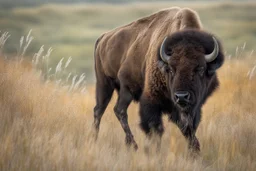 Bison walking uphill towards viewer's right, prairie grasses in foreground, background fades out to completely white