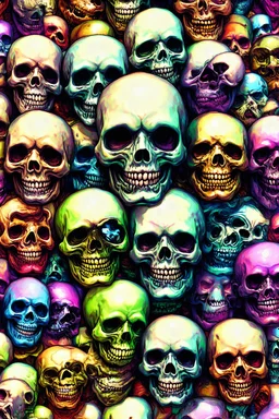 a field of 1000s of cartoonish, anatomically correct, skulls, vivid RANDOM BRIGHT neon colors, dark comedy, well lit, high detail, photorealistic, horrorcore, fun, scary, none featured, each a different color or hue,