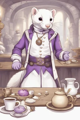 (anthropomorphic white ferret),dressed in cleric white and purple clothes with ornaments, realistic anatomy, fantasy tavern on background, mage and holy symbols around, serious face, hold cup of coffe, tired