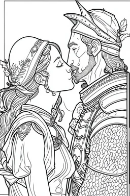 Fantasy coloring page, minimal detail. HD. Woman kissing a male knight with a beard. No background detail.