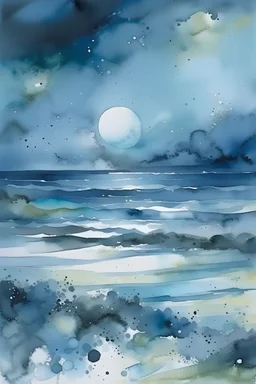 Watercolor, abstract, impressionist, not much detail patterns: Capture the essence of a moonlit beach, with cool blues and silvery grays creating an abstract dreamscape that evokes a sense of calm and contemplation.