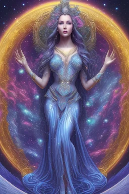 Create an image of a full body cosmic Goddess. The goddess should be depicted as a beautiful and powerful figure, surrounded by cosmic stars. Her hair should be long, blond and flowing, and she should be dressed in a flowing gown blue celestial robe. In the background, include imagery of pink flowers, blue sky,trees. The image should evoke a sense of joy, celebration, and spiritual connection to nature.