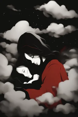 Silhouette, a girl sleeping in the clouds, moody sad dark atmosphere, black background, dark paintbrush, Red over black, 2D