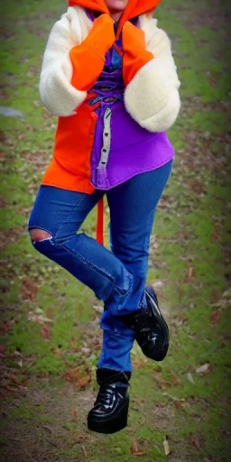 Bright-color-haired woman.thick thighs,thick calves,flat belly,curvy fell. big head. Mantle is sewed of upcycled Denim and sewed together of camouflage pieces. Pieces' color are orange, cream and purple. Cream latex gaiters.It is with big bright purple felt tippet and cream-colored-hood. mantle has a hood. Big AKG-style headphones (gold rings!) is merged with small felt cap with small visor. Style: Haute Couture in 1920's, N.Y.C fashion in 1996, inspired by street art.