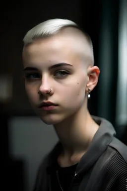 androgynous masc teen with fluffy short silver completely shaved buzzcut hair and piercings