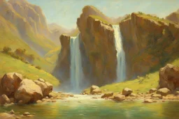 sunny day, rocks, waterfall, mountains, videogame influence of need for speed landscapes, gustave de smet and emile claus impressionism paintings