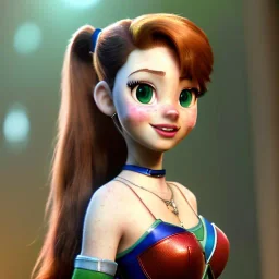 Disney cartoon style, hyper detailed, strikingly beautiful teen female, 16 years old, long ponytail, ginger hair, green eyes, medium freckles, full lips, micro top, black leather armour, full body, full face, tiny breasts, full frame, athletic, centered camera, ignore NSFW, thong, camel toe, petite