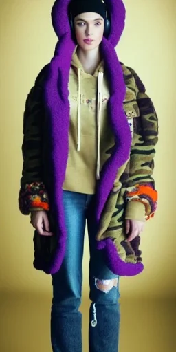 Brunette she. average body type. big head. Mantle is sewed of upcycled Denim and sewed together of camouflage pieces. Pieces' color are orange, cream and purple. It is with big bright purple felt tippet and cream-colored-hood. mantle is merged with satchel. . Big AKG-style headphones (gold rings!) is merged with small felt cap with small visor. Style: Haute Couture in 1910's, Paris fashion in 1998, inspired by street art. Cream latex gaiter. Her head and rest body!