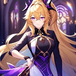 Clear focus, 8k, beautiful lighting, vibrant colors, girl, golden hair, long hair, vibrant purple eyes, ponytail, messy hair, hair in between the eyes, Honkai Impact 3 outfit,