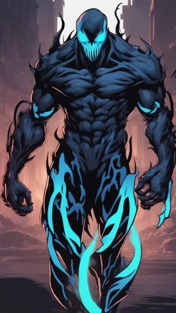Mix between venom symbiote and Reaper in solo leveling shadow style with neon glowing blue