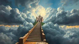 Legendary painting depicting an ascending staircase leading to a Roman-style temple and garden in the sky. Reath-taking view of a huge castle in the sky amidst dramatic storm clouds. The sky is a mix of deep blue and pale gray tones, creating a sense of depth and movement. The overall atmosphere conveys a sense of awe and the raw power of nature, with layers of clouds creating a dynamic and complex landscape.