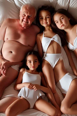 three young girls with grandpa playing in swimsuit. in a bed. realistic. detailed. close. in a bedroom