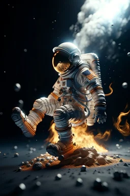 astronaut with burning feet and a moon helmet gets epilepsy and starts to foam like a rock star portrait, photo-realistic, shot on Hasselblad h6d-400c, zeiss prime lens, bokeh like f/0.8, tilt-shift lens 8k, high detail, smooth render, down-light, unreal engine 5, cinema 4d, HDR, dust effect,, smoke