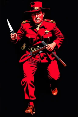 poster of a soldier(uniform and face based on racist steriotypes of mexican soldiers) running towards viewer, a knife i one hand, and a gun(barrel pointing at viewer) in the other. retro poster monochrome with white background
