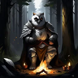 one D&D character male Owlfolk, grey feathers interspersed with white feathers, in leather armor, siting in the forest by campfire