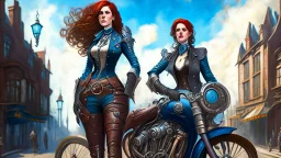 full-height portrait of a woman with straight shoulder-length auburn hair, with metal arms and legs, dressed in leather trousers, and a waistcoat, in a Victorian street next to a steampunk motorbike, blue sky