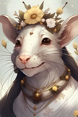 anthropomorphic rat, young woman, wearing an all white dress, with pale skin, pastel eyes, and long dark brown hair, tied up in a braid crown, flowers in her hair, rat features, freckles. rat ears, beautiful, daring expression, buck teeth