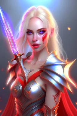 pretty woman, warrior, elf, blonde hair, fantasy, Skyrim, conventionally attractive, fighter, sword, elder scrolls, young, maternal, 3d render, conceptual art, poster, vampire, red eyes