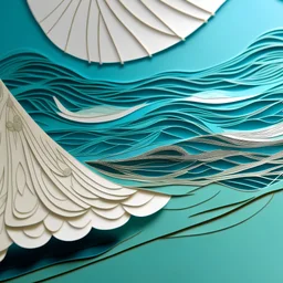 Minimalist, delicate paper cutting, lace effect,multi layered, profile. Sailboat in the Aegean Sea. Shades of blue, teal, aqua, turquoise, white. Faded, colored, wooden changing booths on a beach. Fractal waves on shore. Sun. Woman, big hat, colorful beach umbrella. Some gold paper lace detail.