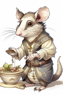 A drawing of a cute opossum in a male medieval maid outfit. he has potions on his belt and is holding some food on a plate.