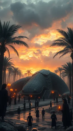 A huge anunnaki creature laying down among date palms and small people surrounding the body with candles in the hands and all wearing black customs close to the river of tigers cloudy sunset environment
