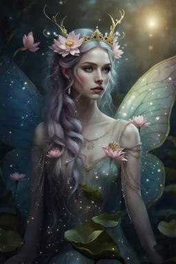 Pink dress,Sparkling fairy wings,Very long golden hair,Fairy crown,pointed ears,elven ears,fairy wings,water lilies,sparkling,glittering,flowers,blossoms,golden crown,light pink dress