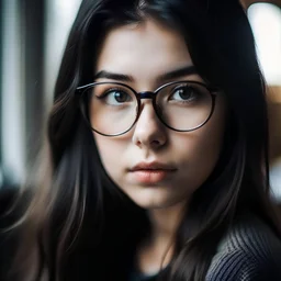 Give me a picture of the face of a very beautiful 20-year-old girl with glasses and black hair