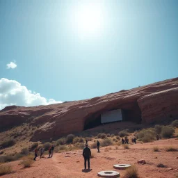 Fotografia di un paesaggio collinare con cielo illuminato da forte solare e una costruzione in stile brutalista, ricavata su una parete rocciosa rossa. L'immagine ha un'estetica surreale, in cui i dettagli architettonici e i personaggi contribuiscono a creare un'atmosfera di isolamento. Persone osservano. Il cielo limpido e le nuvole bianche contrastano con lo scenario in primo piano, accentuando l'atmosfera sospesa e drammatica