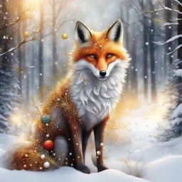 Masterpiece 3D render digital art, Sprinkle alcohol ink effects , a sprig of berries over a beautiful standing fox with a bushy tail, standing in the snow, backdrop forest winter landscape, insanely beautiful face , silver and gold snow swirl in background, pearls and beads and gold lines