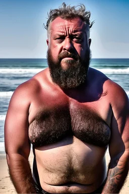 half-lenght Photography of turkish serious ugly dirty stocky muscular chubby 51 years old in swimwear, long beard, curly hair, tattoo, relaxed sitting on an a beach chair at the beach, crossed arms, open big manly legs, manly chest, photorealistic, angry eyes, sunshine, ambient occlusion, misery and poverty, desperation, redneck, highly detailed, frontal ground view , trending on artstation, sharp focus, studio photo, intricate details, highly detailed, by greg rutkowski