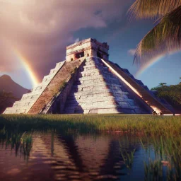 Chichen Itza, sunset, rainbow sunset, waterfall, palms, twigs, spring, sunset rainbow, bridge birds, unreal engine 5, cinematic lighting, realistic, hyper detailed, 8k, octane render