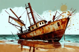 small fishing boat shipwreck on shore, wet ink paint, splash art, tint leak, absurd geometry, (weird:1.95), surreal, (crazy:2), (deconstruct:1.89), great verticals, great perpendiculars, bold warm rusty brown and drab and beige colors