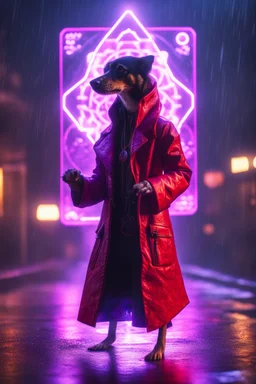 Lense flare,Volumetric fog smack yoga dog snake lights,paradise sacred geometry framed playing card, black, red, spore and purple neon cyber punk dancer priestess teurgist in soaked rain coat shadows boss card in the style of escher and fallout 4 ,,bokeh like f/0.8, tilt-shift lens 8k, high detail, smooth render, down-light, unreal engine