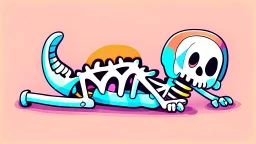 Cute chibi-style bony animal skeleton, big ribs pointing up while lying on the ground, cartoony, colorful, exaggerated, simplified,