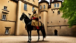 king on his horse in the castle courtyard