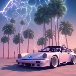 1980's aesthetic vaporwave palm trees and spheres and Porsche with lightning