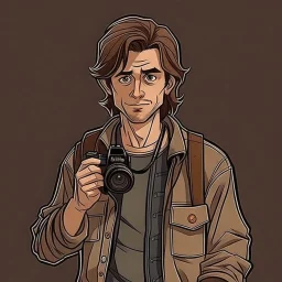 Brownhaired man with a scar on his face nice casual 90s clothes and a camera grimdark realistic