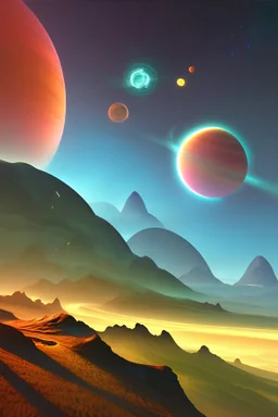 paesaggio surreale astronave madre luminosissima, scie luminose, pianeti dorati e azzurri