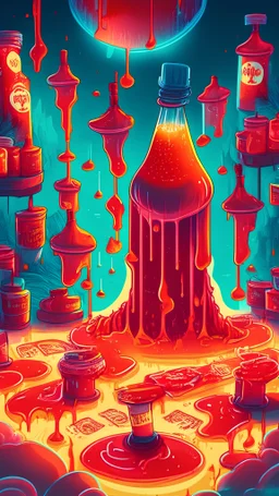 fantasy landscape of a magical pool of ketchup with sigils of financial symbols and market prices and investment charts, tomatoes, giant glowing ketchup bottles, vibrant, comic book style, visual novel style, anime vibes, glowing, stock market charts, detailed