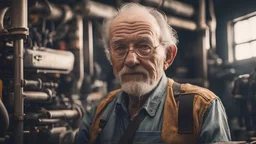 Cinematic picture of old mechanic grandpa with 16K
