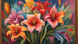 a painting of a bunch of colorful flowers, a digital painting, inspired by Franz Marc, psychedelic art, exotic lily ears, stunning beauty, glass flowers, colorful with red hues, air brush art, vibrant realistic colors, large opaque blossoms, vibrant color details, intricate flowing paint, morning glow, amazing depth, muted but vibrant colors, splashes of colors