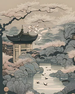 A serene illustration of a tranquil Japanese garden, complete with koi ponds, stone lanterns, and cherry blossom trees, in the style of ukiyo-e, delicate linework, subtle colors, and a sense of harmony and balance, inspired by the works of Hokusai and Hiroshige, evoking the peaceful beauty of traditional Japanese landscapes.